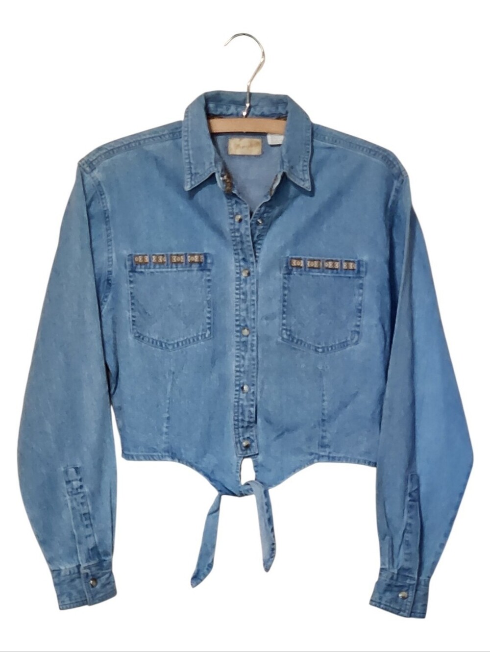 Wrangler Denim Tie Front Embellished Western Boho Shirt Medium